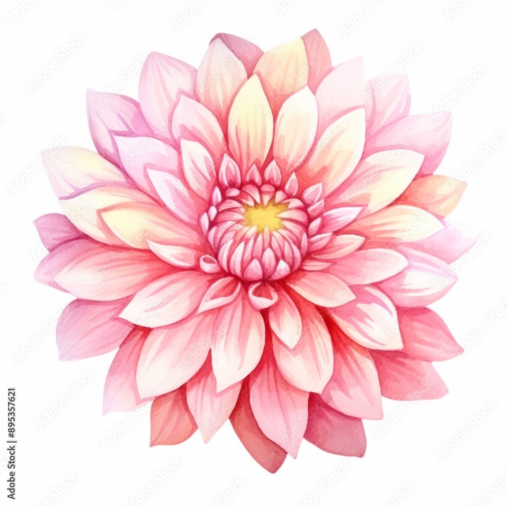 Watercolor, painting of a pink flower with a yellow center. The flower is the main focus of the painting and is surrounded by a white background. The painting has a soft, delicate feel to it Watercolor, painting of a pink flower with a yellow center. The flower is the main focus of the painting and is surrounded by a white background. The painting has a soft, delicate feel to it
