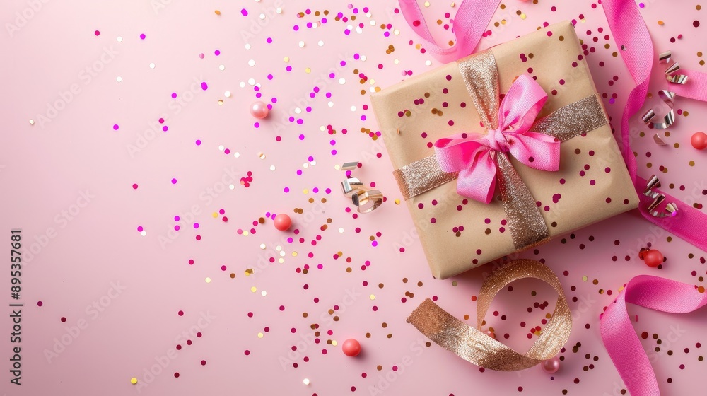 Gift box with ribbon and confetti on pink backdrop Gift box with ribbon and confetti on pink backdrop