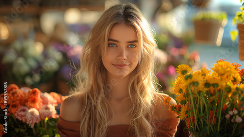 Dutch Person at Local Market with Flowers, Cheeses, and Fresh Produce in Warm Sunlight