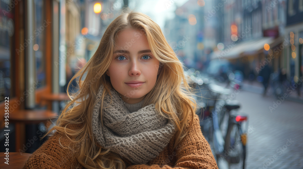 Blond-Haired Blue-Eyed Dutch Person Sitting at Café in Bustling Amsterdam Street with Bicycles and Historic Buildings Blond-Haired Blue-Eyed Dutch Person Sitting at Café in Bustling Amsterdam Street with Bicycles and Historic Buildings