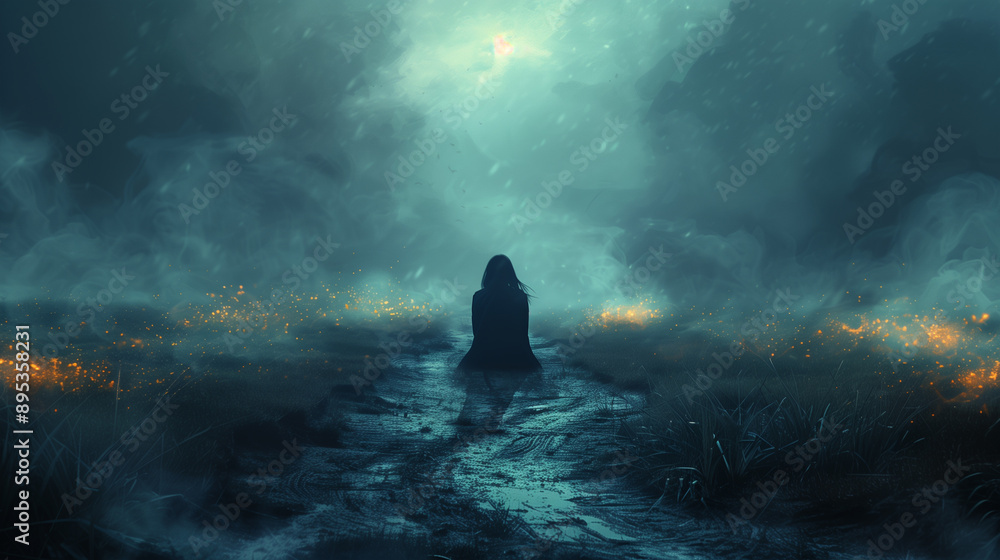 Person Sitting at a Crossroads in a Surreal Landscape with Softly Glowing Background Person Sitting at a Crossroads in a Surreal Landscape with Softly Glowing Background