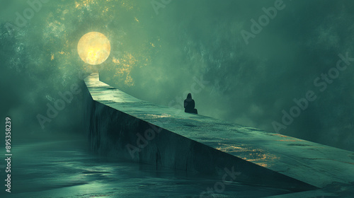 Person Sitting at a Crossroads in a Surreal Landscape with Softly Glowing Background