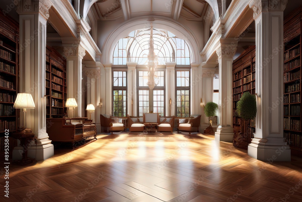 the AI Image Generator, ballroom with a large window large floor in golden