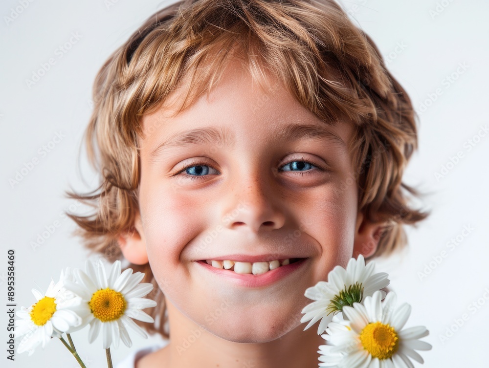A happy young boy holds a bouquet of fresh daisies, perfect for a bright and cheerful image A happy young boy holds a bouquet of fresh daisies, perfect for a bright and cheerful image