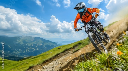 Mountain Biker Riding Downhill on Scenic Trail with Stunning Mountain Views