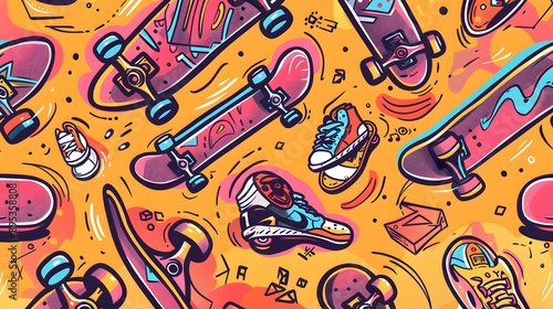 Hand drawn skateboarding seamless pattern. skateboard background. Skateboarding doodle illustration. Vector illustration. 