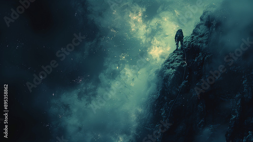 Person Climbing Rugged Mountain with Dark Softly Glowing Background