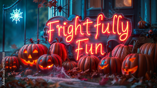 Frightfully Fun Neon Sign with Halloween Pumpkins and Fog photo