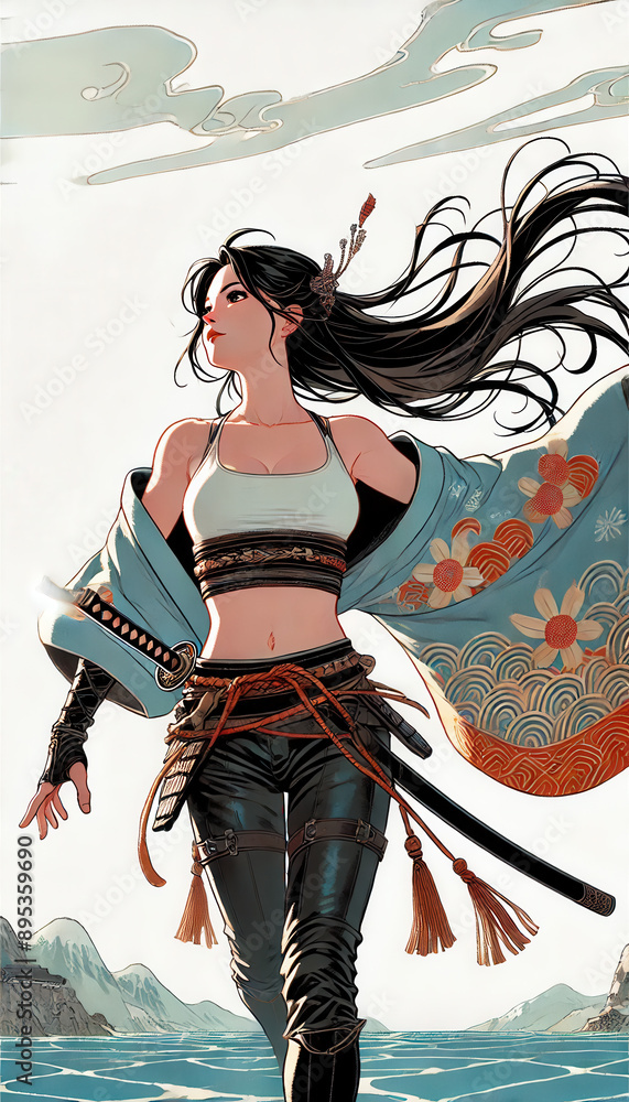 Obraz premium 日本画（Japanese painting）／戦士 美人画 美女 着物 anime イラスト
