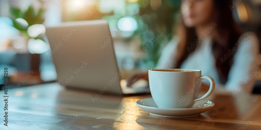 Fototapeta premium Cup of coffee, to concentrate while you work. A woman on her laptop in a blurred background