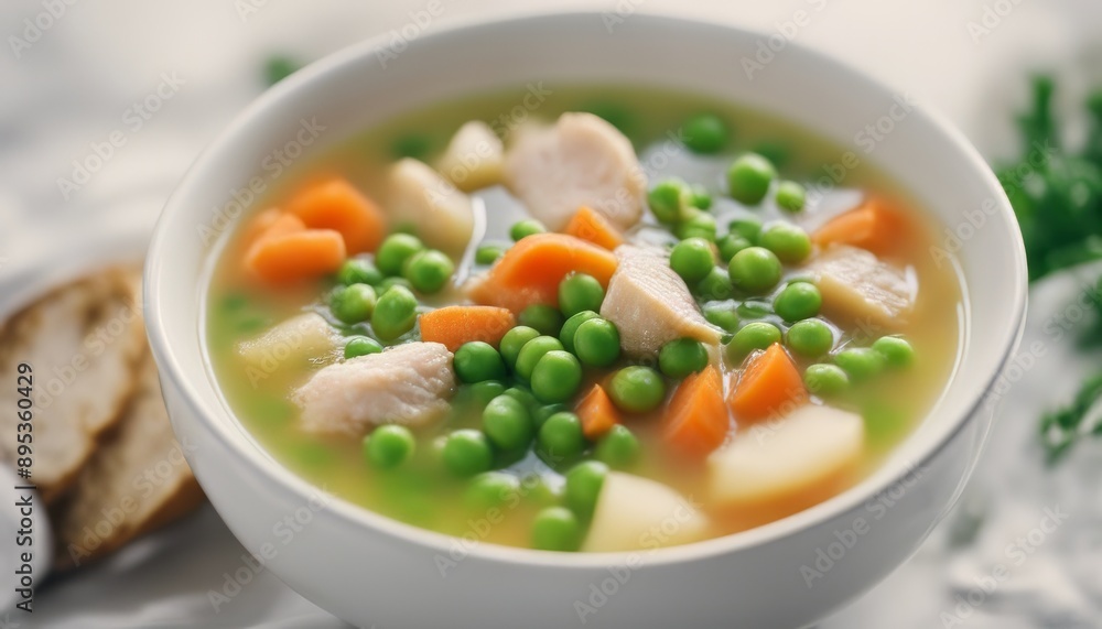 Chicken soup with green peas, carrots and potatoes in a white bowl Chicken soup with green peas, carrots and potatoes in a white bowl