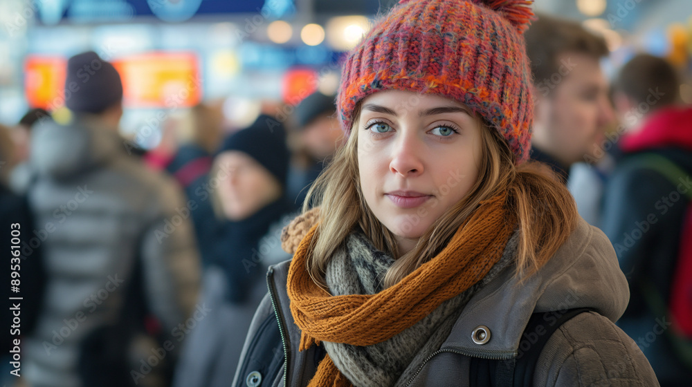 Young Woman in Warm Winter Clothing Waiting in Busy Train Station Young Woman in Warm Winter Clothing Waiting in Busy Train Station