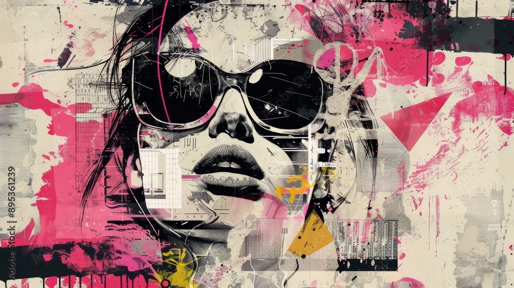 Fototapeta premium A contemporary art portrait of a woman with sunglasses, featuring bold colors, layered textures, and a collage-like aesthetic. It symbolizes individuality, urban style, modern art, and artistic expres