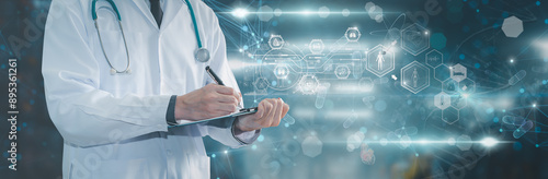 Doctor work with report with digital healthcare technology,system analysis network connection hologram virtual screen interface,online medical examination analysis report,banner panoramic header