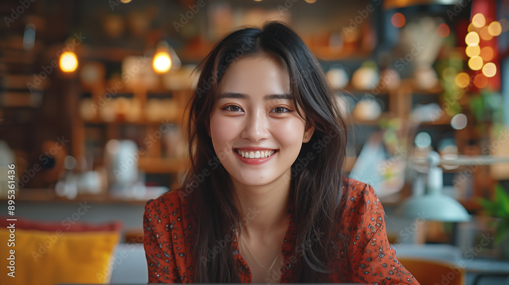 Happy Young Woman Engaging in Virtual Video Call from Home with Ample Copy Space Happy Young Woman Engaging in Virtual Video Call from Home with Ample Copy Space