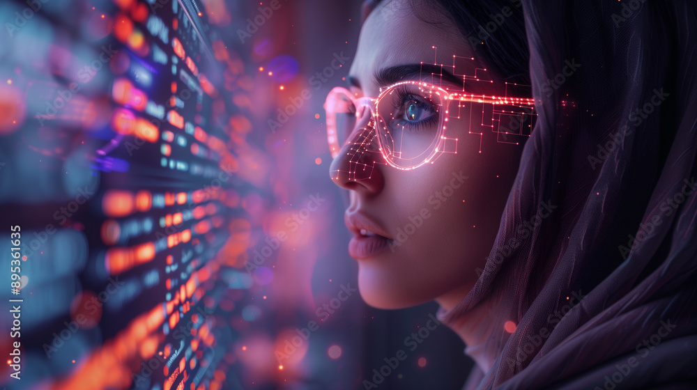 AI Cyber Security Threat Illustration with Middle-Eastern Female IT Specialist and Neon Purple Accents AI Cyber Security Threat Illustration with Middle-Eastern Female IT Specialist and Neon Purple Accents