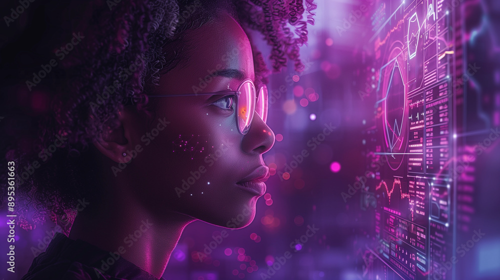 AI Cyber Security Threat Illustration with Black African American Female IT Specialist and Purple Accents AI Cyber Security Threat Illustration with Black African American Female IT Specialist and Purple Accents