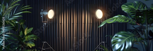 super nice looking black podcast studio, cocooning, with a plant, modern