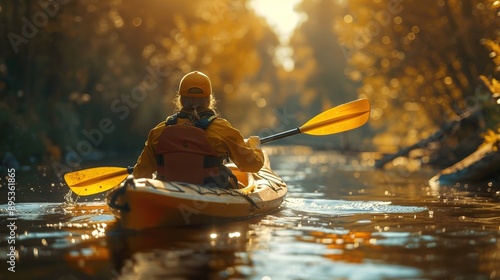 A person enjoying an eco-friendly activity, such as kayaking or hiking, with a focus on the importance of preserving natural habitats. copy space for text.