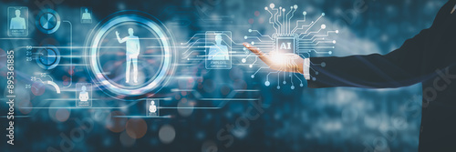 Businessman holding AI system icon, HR or Human resources recruitment employment headhunting concept, Artificial intelligence search and analyze personnel technology choose employee in corporate.