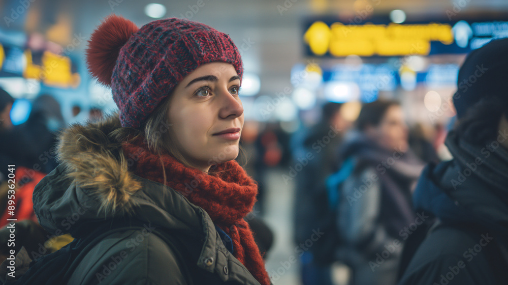 Young Woman in Warm Winter Clothing Waiting in Busy Train Station Young Woman in Warm Winter Clothing Waiting in Busy Train Station