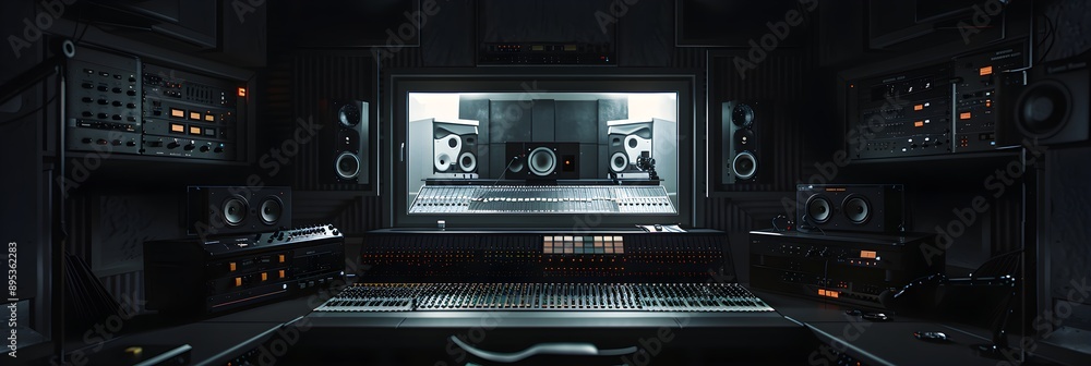 Music studio in black tones. The studio is dark, only the silhouettes of the equipment can be seen Music studio in black tones. The studio is dark, only the silhouettes of the equipment can be seen