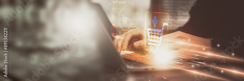 Businessman using computer online shopping to digital cart with artificial intelligence or AI, Futuristic concept online shopping, payment application 4.0 technology network with E-commerce.