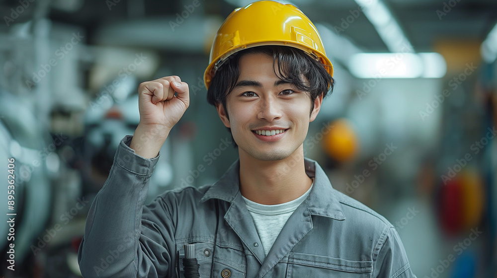 ガッツポーズをする作業員の男性 ガッツポーズをする作業員の男性