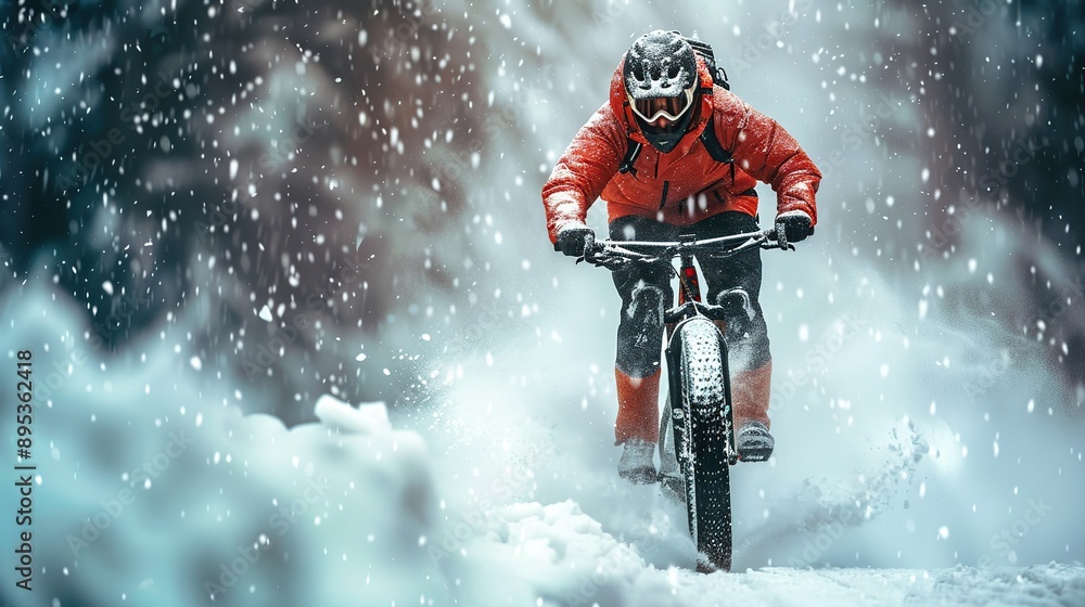 Naklejka premium A person riding a bike in the snow. Perfect for winter sports and outdoor activities. copy space for text.