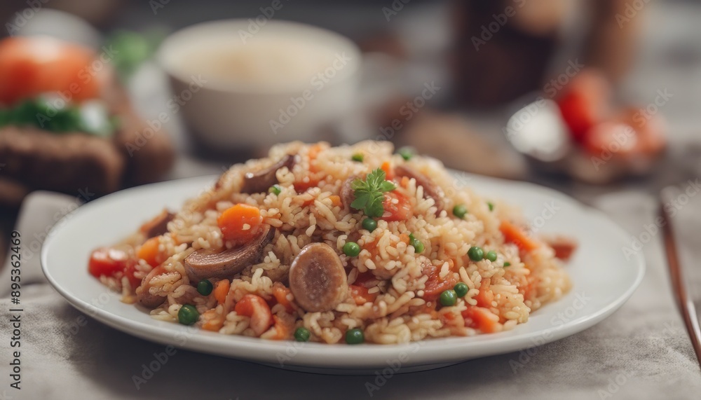 Sausage fried rice with tomatoes, carrots and shiitake mushrooms on the plate Sausage fried rice with tomatoes, carrots and shiitake mushrooms on the plate