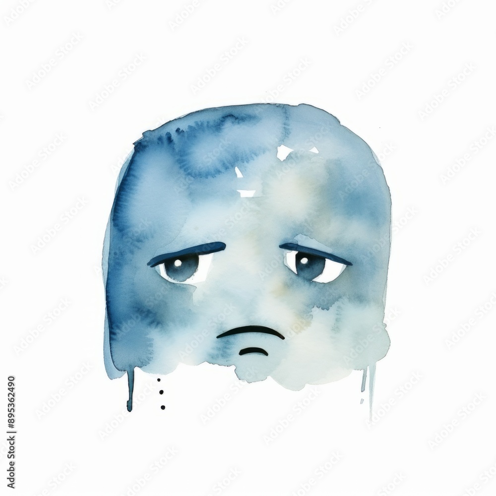 Watercolor, blue and white cartoon face with a sad expression. The face is painted with watercolors and has a droplet of water on it Watercolor, blue and white cartoon face with a sad expression. The face is painted with watercolors and has a droplet of water on it