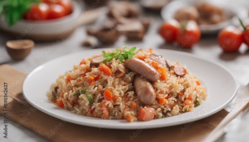 Sausage fried rice with tomatoes, carrots and shiitake mushrooms on the plate Sausage fried rice with tomatoes, carrots and shiitake mushrooms on the plate