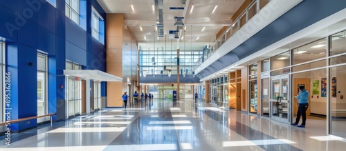 Modern School Hallway with Bright Lighting and Blue Walls