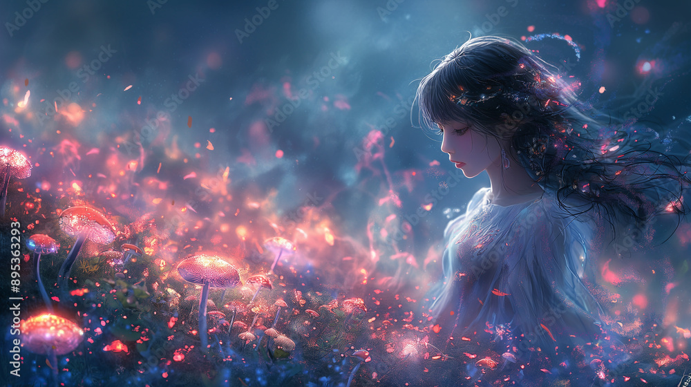 Anime Girl in Whimsical Fantasy Forest with Glowing Mushrooms and Magical Creatures Anime Girl in Whimsical Fantasy Forest with Glowing Mushrooms and Magical Creatures