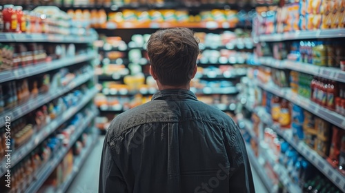 A man stands in a grocery store aisle, looking at the shelves stocked with various products. The image symbolizes consumerism, choice, abundance, and the daily routine of grocery shopping.