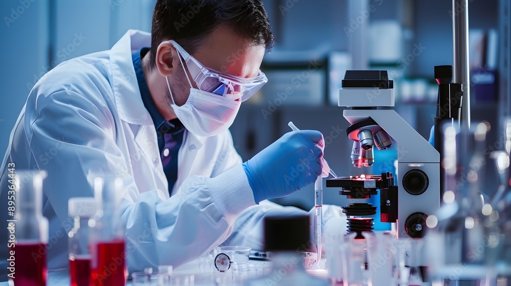 Microbiologist Examining Samples in Modern Laboratory Conducting Experiment Microbiologist Examining Samples in Modern Laboratory Conducting Experiment