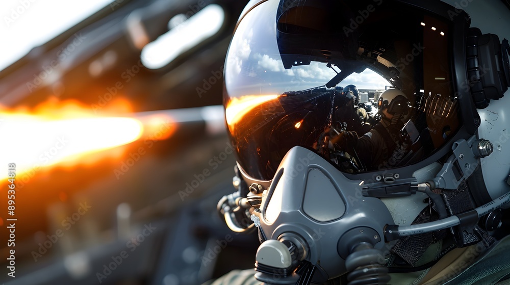 Fototapeta premium Missile Launch Reflected in Pilot Helmet Visor