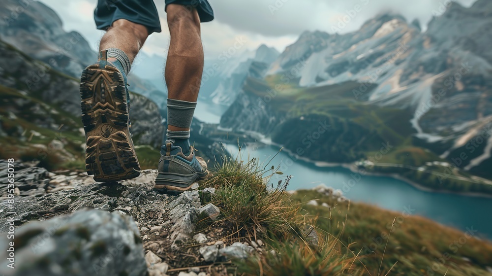 Men's Legs, Decked in Running Shoes, Embark on a Adventure Along a Scenic Mountain Trail. copy space for text.