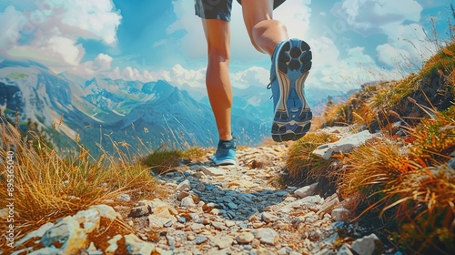 Men's Legs, Decked in Running Shoes, Embark on a Adventure Along a Scenic Mountain Trail. copy space for text. photo