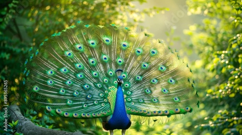 A peacock with its stunning blue and green plumage is fully displayed in a lush green forest setting, representing beauty, elegance, nature, and wildlife.