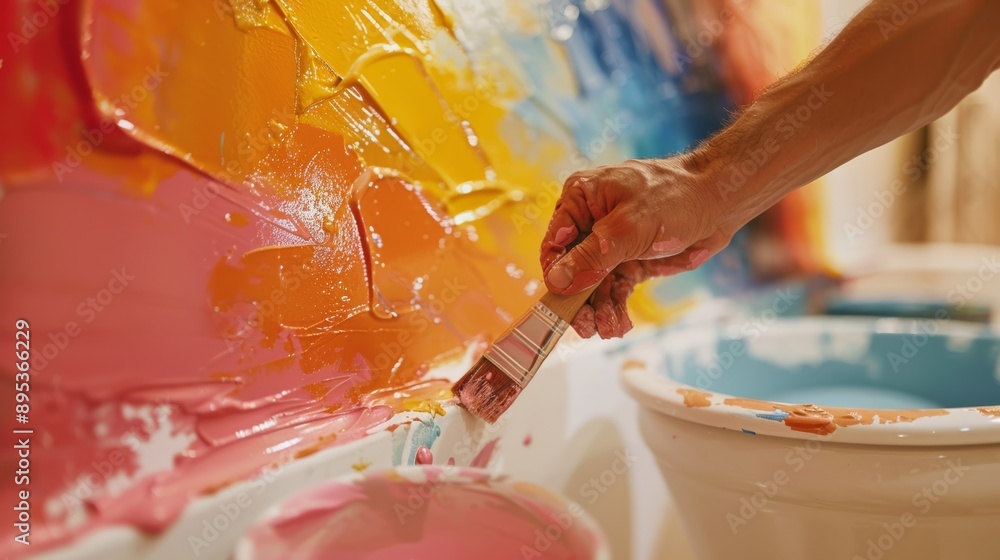Obraz premium A homeowner selecting paint colors for their bathroom, considering options that resist moisture and mold