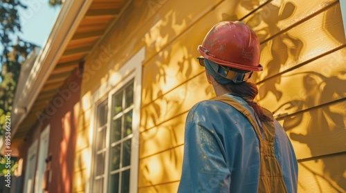 A homeowner watching as a painter applies a third coat of paint to an exterior wall, achieving a rich and deep color photo