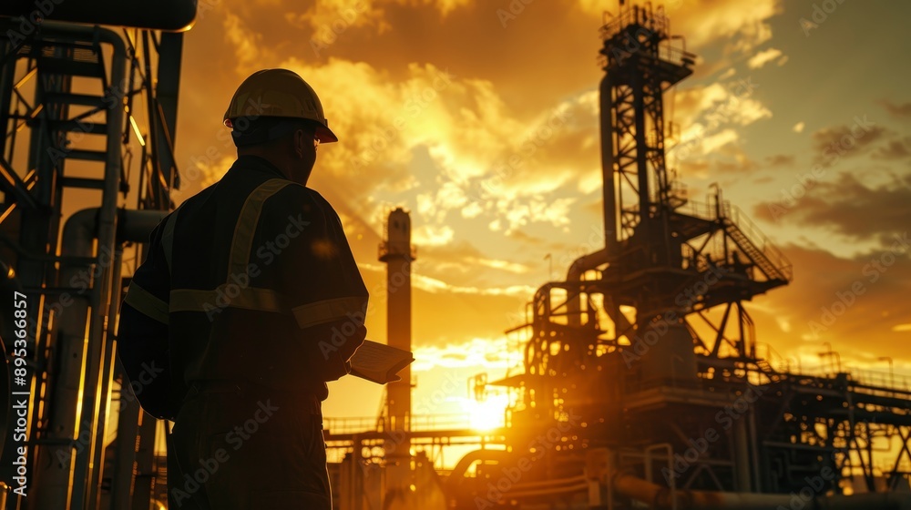 A silhouette of a worker in a hard hat and safety vest standing in front of a large industrial refinery at sunset. The image symbolizes hard work, industrial power, energy production, and the importan A silhouette of a worker in a hard hat and safety vest standing in front of a large industrial refinery at sunset. The image symbolizes hard work, industrial power, energy production, and the importan