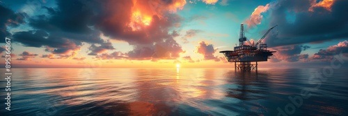 A silhouette of an offshore oil rig stands tall against a vibrant sunset sky, representing the energy industry, resource extraction, and the vastness of the ocean. The setting sun symbolizes the end o photo