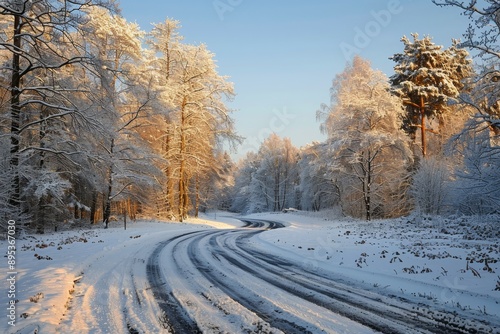 Indulge in a serene winter escapade amidst a magical snowcovered landscape, strolling along tranquil pathways in the midst of snowdraped trees. Discover the allure of nature and embrace calmness photo