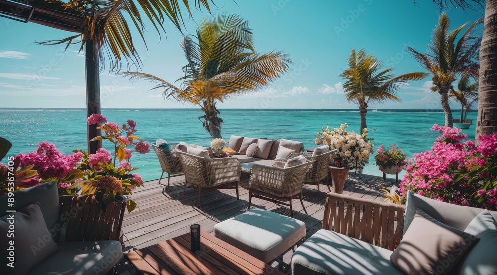 Fototapeta premium A tranquil scene of luxury lounge chairs on a wooden deck overlooking a stunning turquoise ocean. Palm trees sway in the breeze, creating a sense of serenity and escape. The image evokes feelings of r