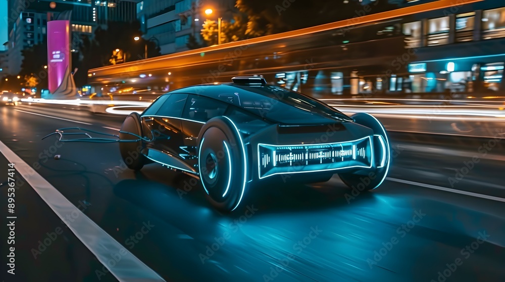 Self Driving Electric Concept Vehicle Navigating Futuristic City Landscape at Night Self Driving Electric Concept Vehicle Navigating Futuristic City Landscape at Night