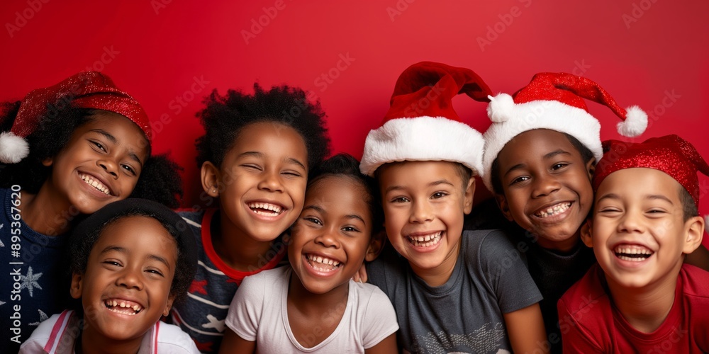 During the holiday season, children with diverse backgrounds come together joyfully, wearing Santa hats. They radiate happiness and unity in a festive atmosphere, warming the hearts of onlookers During the holiday season, children with diverse backgrounds come together joyfully, wearing Santa hats. They radiate happiness and unity in a festive atmosphere, warming the hearts of onlookers