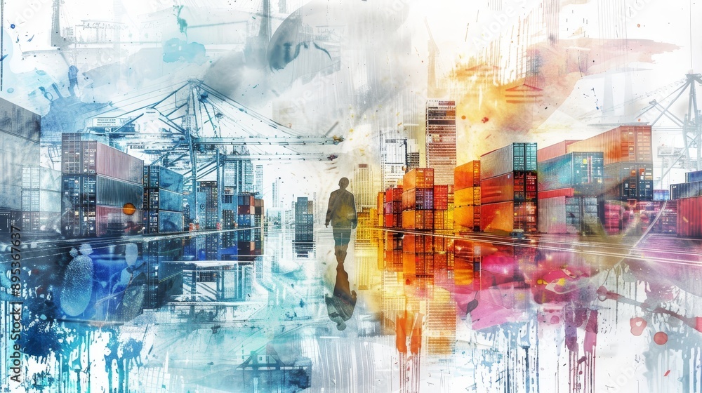 A watercolor abstract depicting the global trade and logistics industry. The image symbolizes shipping containers, cargo ships, cranes, and the movement of goods. A watercolor abstract depicting the global trade and logistics industry. The image symbolizes shipping containers, cargo ships, cranes, and the movement of goods.