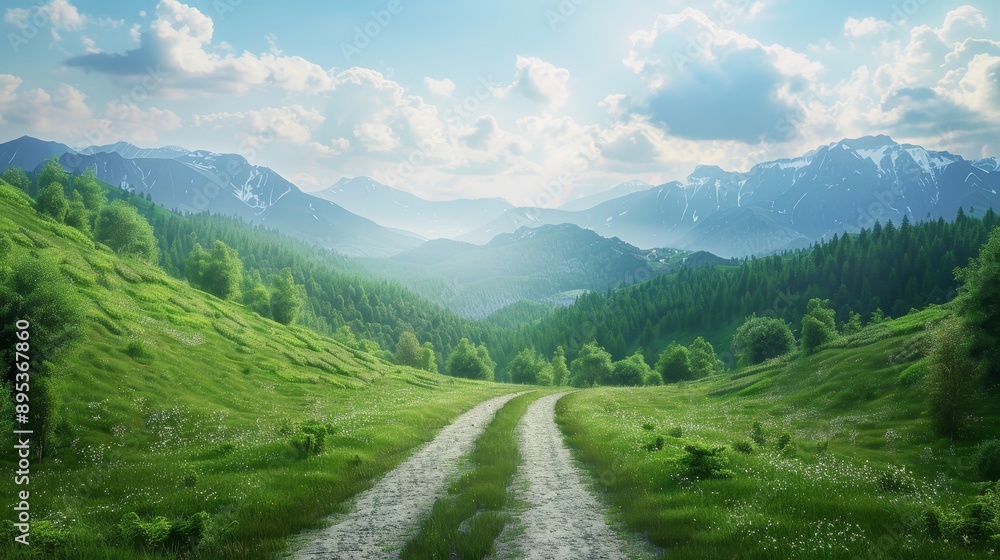 A winding dirt road leads through a verdant valley, surrounded by towering mountains, symbolizing opportunity, exploration, journey, nature, and peace. A winding dirt road leads through a verdant valley, surrounded by towering mountains, symbolizing opportunity, exploration, journey, nature, and peace.